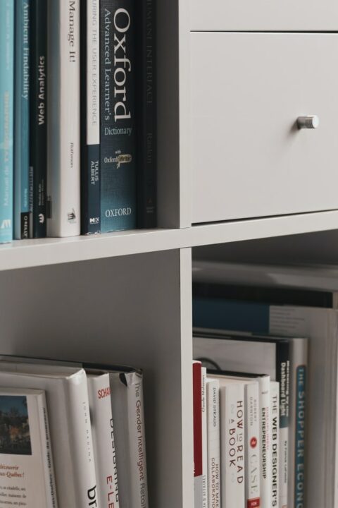 White Bookcase filled neatly with books